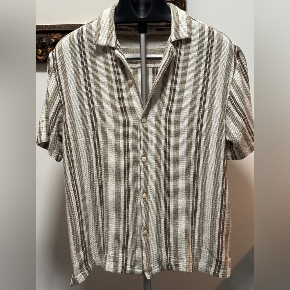 Zara Beige and Brown Striped Casual Button Down Shirt